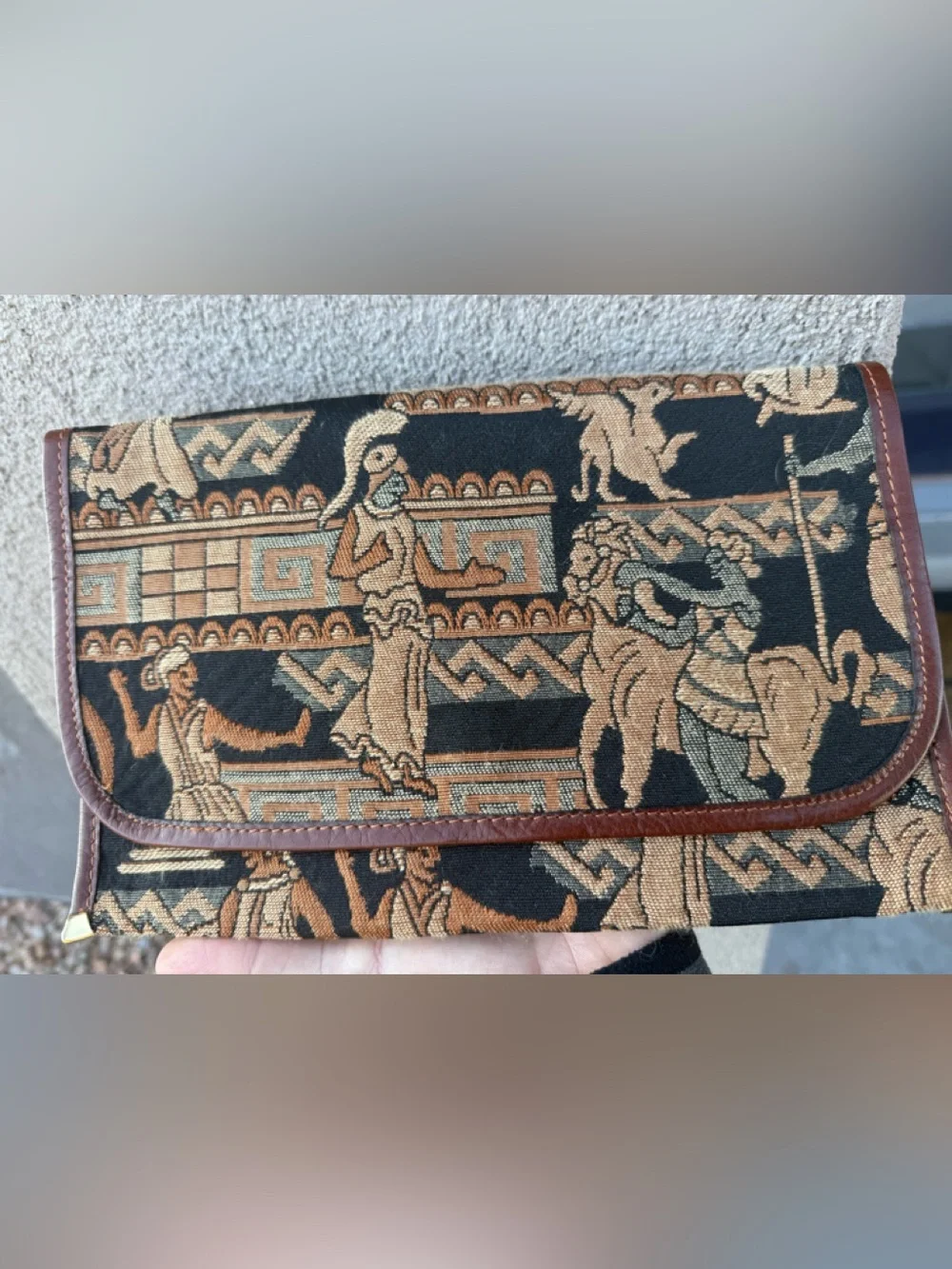 Vintage Italian Tapestry & Leather Clutch – Mythic Woven Design, Made in Italy